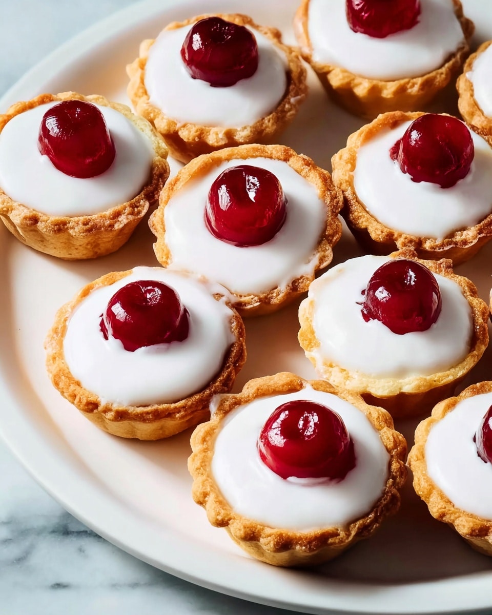 White oval platter filled with an arrangement of traditional whole iced cherry Bakewell tarts, each tart featuring a perfectly baked golden pastry crust, smooth white icing topping, and a glossy red glazed cherry centerpiece, all tarts presented together as a complete set, photographed from a 3/4 angle on a white marble surface with natural lighting, styled as an elegant food magazine hero shot, photo taken with an iphone --ar 4:5 --v 7