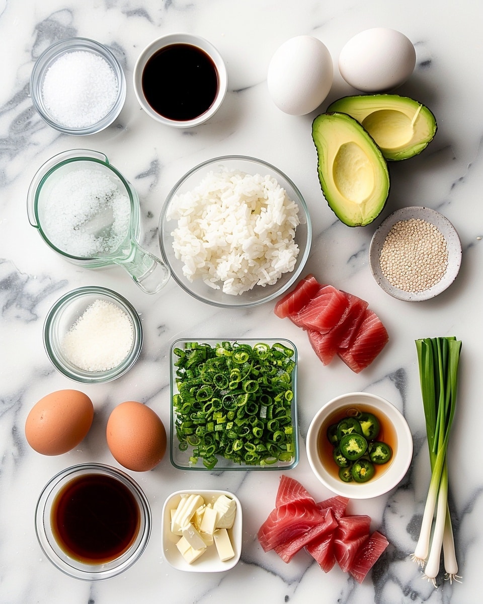 Single white plate with one crisp, golden-brown square of layered crispy rice topped with thin avocado slices, a generous dollop of creamy spicy salmon tartare with visible chunks of fish, sprinkled with black and white sesame seeds, finely chopped chives, and crowned with a translucent jalapeño ring, close-up angled shot highlighting the crispy texture of the rice base and the creamy, rich salmon topping, natural lighting, white marble background, intimate plated serving photo taken with an iphone --ar 4:5 --v 7