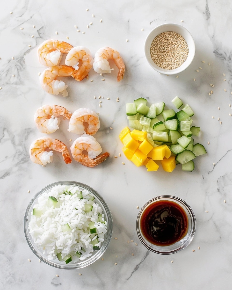 Single white bowl containing a close-up view of a plated serving of shrimp poke with white rice, topped with plump, glossy shrimp drizzled in a dark savory sauce, vibrant diced mango pieces, thinly sliced cucumber rounds, sprinkled sesame seeds, and fresh chopped green onions, showcasing the colorful contrast and textures of the juicy seafood, crisp vegetables, and soft rice, arranged delicately on a white marble surface with natural lighting, intimate styled food blog presentation photo taken with an iphone --ar 4:5 --v 7