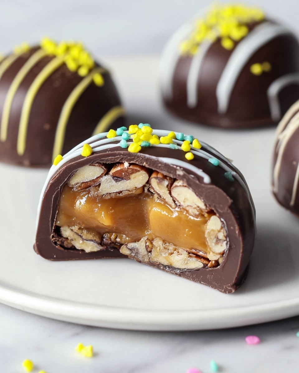 A white plate beautifully arranged with a full set of glossy dark chocolate dome-shaped treats, each decorated with elegant white chocolate drizzle and vibrant colorful sprinkles in green, yellow, and pastel flower shapes, capturing the entire collection perfectly arranged together, photographed at a 3/4 angle on a white marble surface with natural lighting, professional food magazine hero shot, photo taken with an iphone --ar 4:5 --v 7