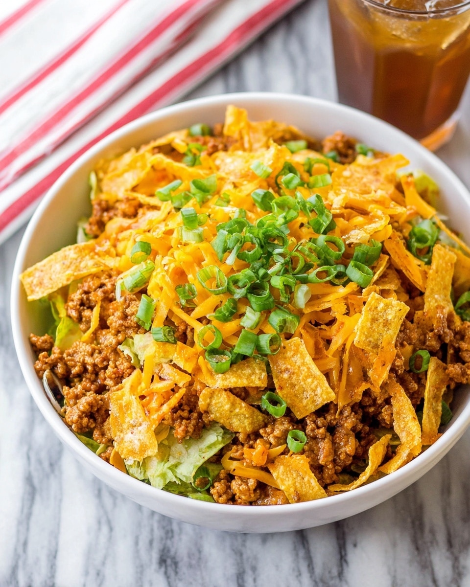 Large white serving bowl filled with a generous portion of ground turkey taco salad, mixed with shredded cheddar cheese, chopped green onions, diced tomatoes, and crispy tortilla strips, garnished with fresh green herbs, accompanied by a small white bowl of extra tortilla strips, all beautifully styled on a green and white patterned napkin over a wooden table, shot from a 3/4 angle with natural lighting on a white marble background, professional food magazine hero shot, photo taken with an iphone --ar 4:5 --v 7