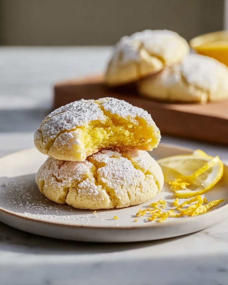 A large white plate filled with a full batch of soft lemon sugar cookies neatly arranged in a circular pattern, each cookie generously dusted with powdered sugar and glowing with a tender, cracked surface, garnished with vibrant lemon zest curls and fresh lemon wedges artfully placed around the plate, photographed from a 3/4 angle on a white marble countertop under natural lighting, styled like a hero shot from a food magazine, whole batch in frame, professional food photography photo taken with an iphone --ar 4:5 --v 7