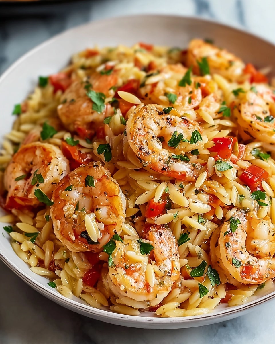 Large white shallow bowl filled with a generous serving of shrimp and orzo pasta, showcasing plump, perfectly cooked shrimp nestled amongst tender orzo, diced red bell peppers adding vibrant color, and sprinkled with fresh chopped parsley, all glistening with a light seasoning and natural oils, photographed from a 3/4 angle on a white marble countertop with soft natural lighting, styled like a hero shot in a food magazine, whole dish fully presented photo taken with an iphone --ar 4:5 --v 7