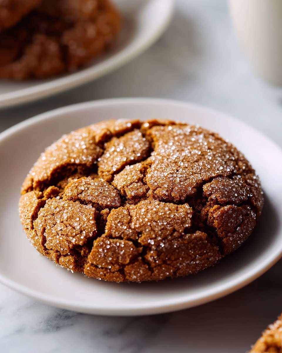 White round plate piled with multiple soft ginger molasses cookies, each with a crackled sugar-dusted top and rich golden-brown color, the full stack arranged neatly on a white marble countertop with natural lighting, professional food styling photo taken with an iphone --ar 4:5 --v 7