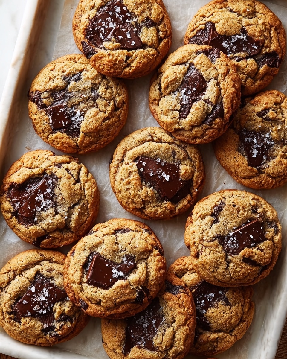 White baking tray filled with an array of freshly baked chocolate chunk cookies, each cookie generously studded with large melted chocolate pieces and sprinkled with sea salt flakes, crispy golden edges with soft, chewy centers visible, shown in a professional 3/4 angle shot on a white marble background with natural lighting, styled like a hero shot from a food magazine, photo taken with an iphone --ar 4:5 --v 7