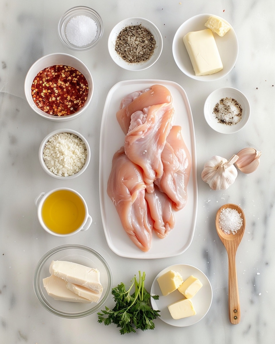 Single white plate holding one serving of creamy white cheesy sauce pasta with several slices of tender, browned chicken arranged on top, close-up angled view revealing the juicy interior texture of the chicken slices and the smooth sauce clinging to the pasta, sprinkled with finely chopped fresh herbs as garnish, placed on a white marble surface with natural lighting, styled like a cozy food blog shot, photo taken with an iphone --ar 4:5 --v 7