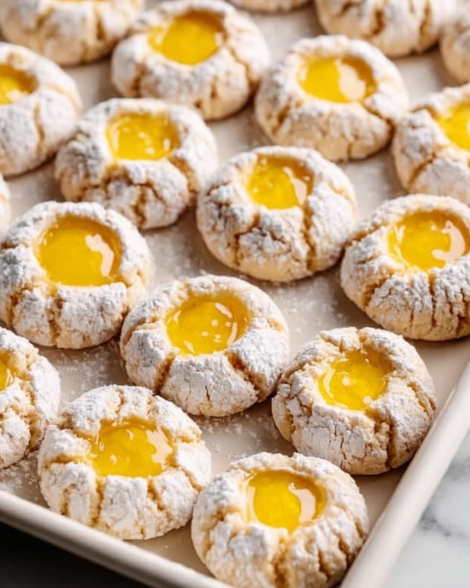 A white rectangular baking tray filled with multiple rows of uniform, round thumbprint cookies featuring cracked powdered sugar-coated edges and glossy, bright yellow jam centers, perfectly arranged side by side to show the entire batch fresh from the oven, photographed from a 3/4 angle on a white marble surface with natural lighting, styled like a professional food magazine hero shot, photo taken with an iphone --ar 4:5 --v 7