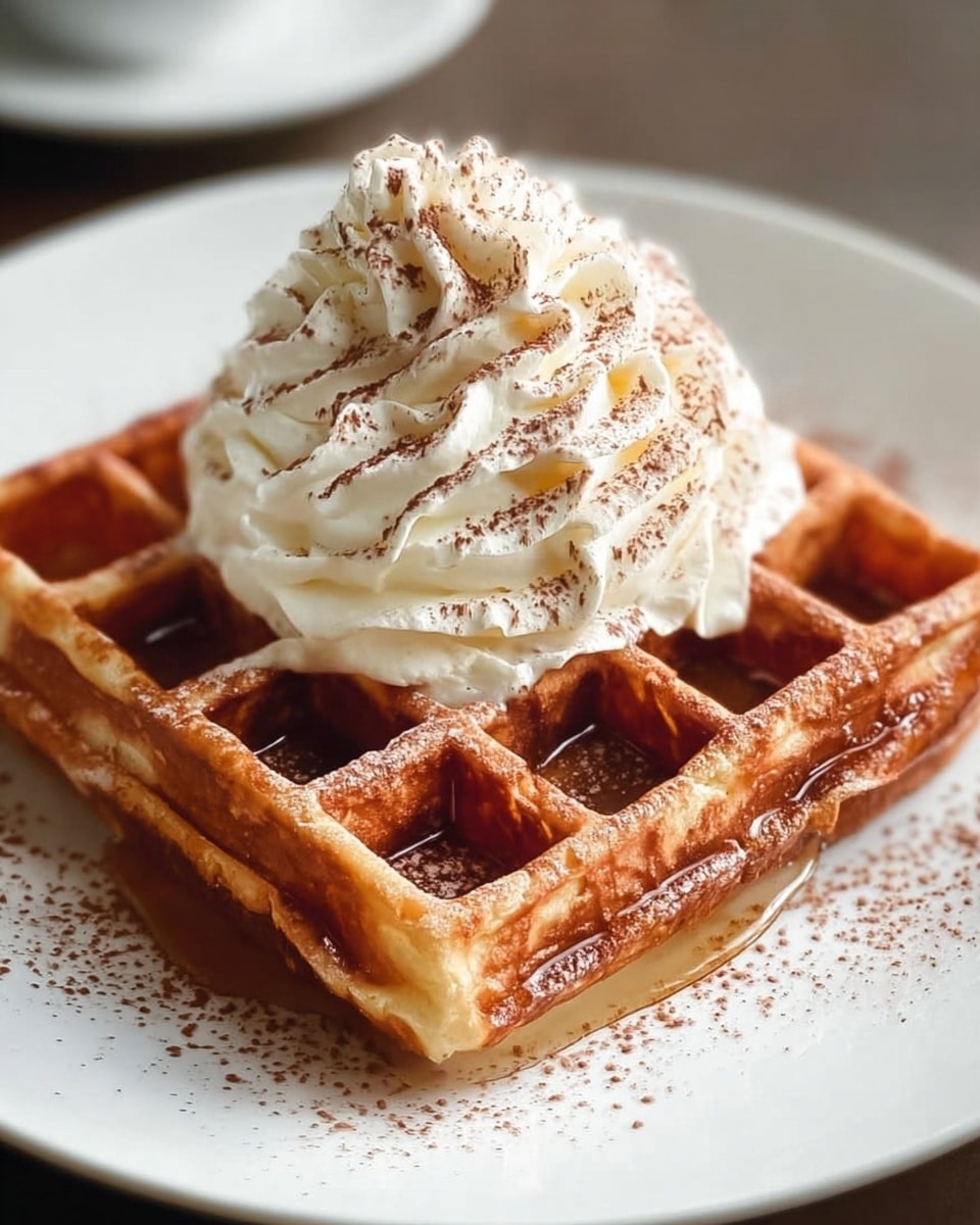 Large white plate with two whole golden-brown Belgian waffles stacked neatly, each waffle perfectly square with deep pockets, topped with a generous swirl of fresh whipped cream dusted evenly with cocoa powder, accompanied by a drizzle of syrup pooling slightly around the base, all set on a white marble countertop, photographed from a 3/4 angle in natural light, professional food styling photo taken with an iphone --ar 4:5 --v 7