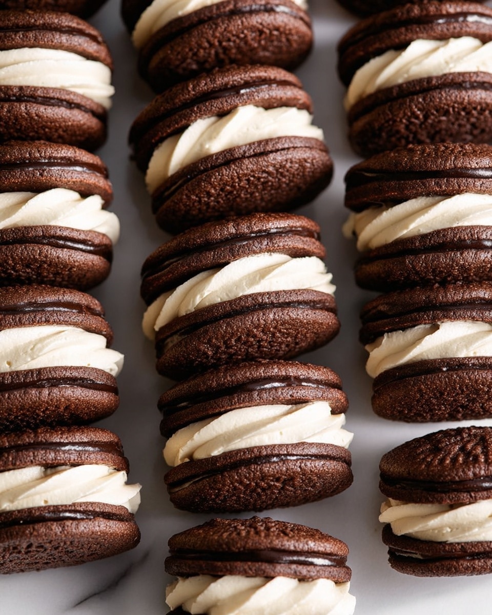 Multiple rows of rich chocolate sandwich cookies with thick layers of smooth vanilla cream filling, arranged neatly on a large white serving tray, whole set displayed with textured cookie surfaces and creamy frosting details clearly visible, photographed from a professional 3/4 angle on white marble background with natural lighting, hero shot style photo taken with an iphone --ar 4:5 --v 7