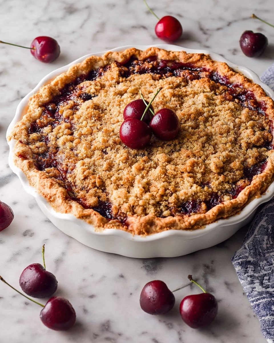 Whole cherry crumble pie in a classic white ceramic pie dish, golden-brown flaky crust with a textured crumb topping sprinkled evenly over the rich, deep red cherry filling, decorated with a pair of fresh cherries on top, surrounded by scattered fresh cherries on a white marble surface, natural light enhancing the warm tones, professional 3/4 angle food magazine hero shot photo taken with an iphone --ar 4:5 --v 7