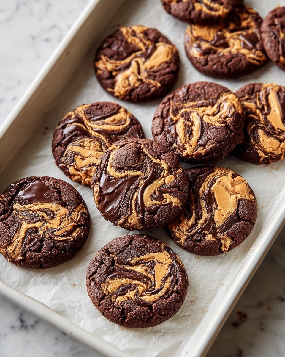 A crisp white rectangular baking sheet fully covered with an array of large chocolate and peanut butter swirl cookies, each one showcasing glossy, intricate marbled patterns of rich dark chocolate blending beautifully with creamy peanut butter, the cookies slightly cracked on top revealing their soft, chewy texture inside, all set on a white marble countertop under natural lighting, professional food styling, whole dish photographed from a 3/4 angle, photo taken with an iphone --ar 4:5 --v 7