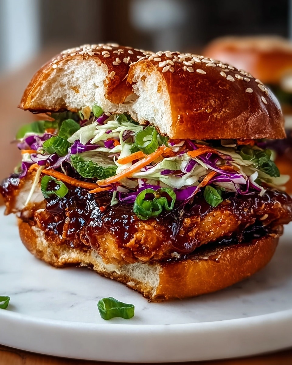 A large white plate displaying a full serving of glazed grilled chicken sandwiches, each stacked with perfectly charred, caramelized chicken thighs coated in a rich, glossy barbecue sauce, topped with crisp shredded lettuce, vibrant purple cabbage, julienned carrots, and fresh diced green onions, all nestled within soft, golden sesame seed buns, arranged neatly in a row on a white marble surface, captured in natural lighting from a professional 3/4 angle hero shot, photo taken with an iphone --ar 4:5 --v 7