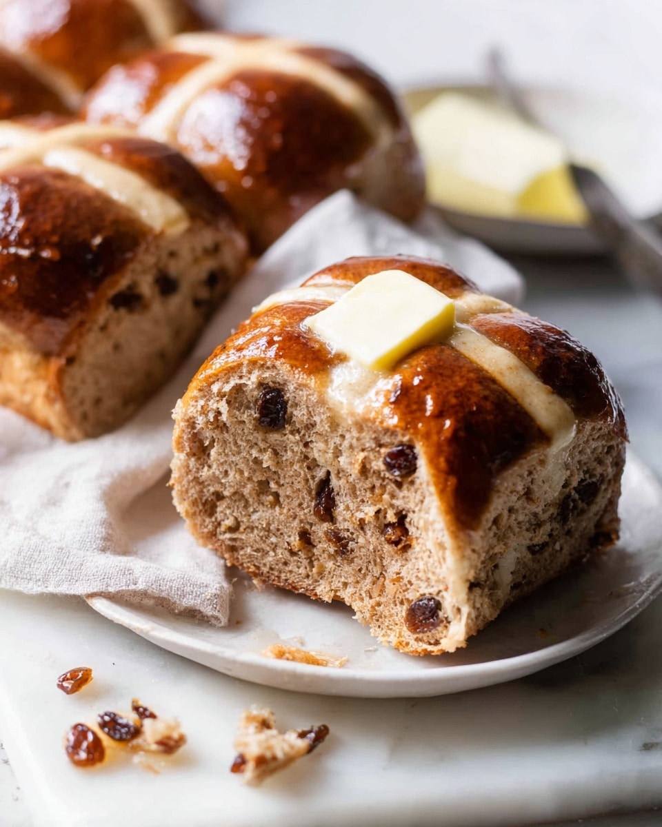 Full rectangular white baking pan filled with a complete batch of golden brown hot cross buns, each bun perfectly risen with a glossy finish and distinctive white flour crosses on top, studded with plump raisins and spices, arranged tightly side by side, fresh out of the oven, shot from a 3/4 angle on a white marble background with natural lighting, styled like a hero shot from a food magazine, photo taken with an iphone --ar 4:5 --v 7