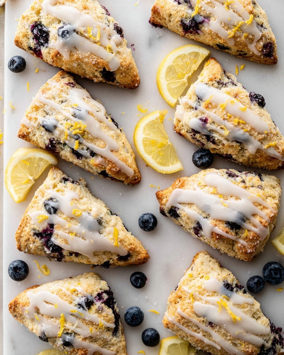 A white marble surface with a full batch of golden-brown blueberry scones arranged evenly across it, each scone generously studded with fresh blueberries and sprinkled with sparkling sugar crystals, all topped with a smooth, glossy white lemon glaze drizzled in stripes, garnished with small wedges of fresh lemon and delicate lemon zest flecks for a vibrant touch, captured in natural light from a 3/4 angle, professional food magazine style photo taken with an iphone --ar 4:5 --v 7