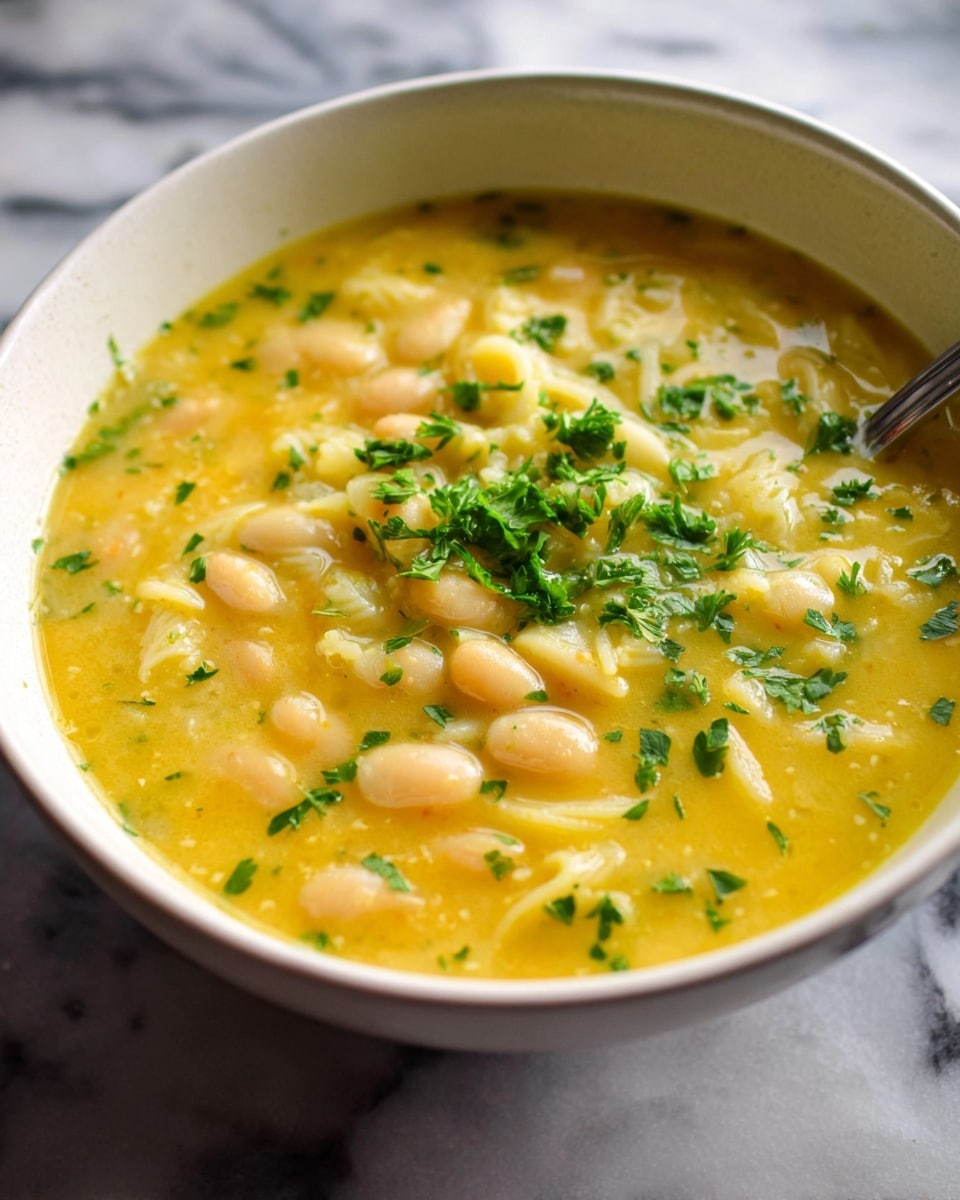 Large white ceramic bowl filled with a rich, creamy chickpea and orzo soup, showcasing tender chickpeas, small pasta pieces, and finely chopped herbs throughout a golden broth, garnished with fresh parsley, with a halved lemon and fresh parsley sprigs in the softly lit background, whole dish photographed from a 3/4 angle on white marble countertop, professional food styling photo taken with an iphone --ar 4:5 --v 7