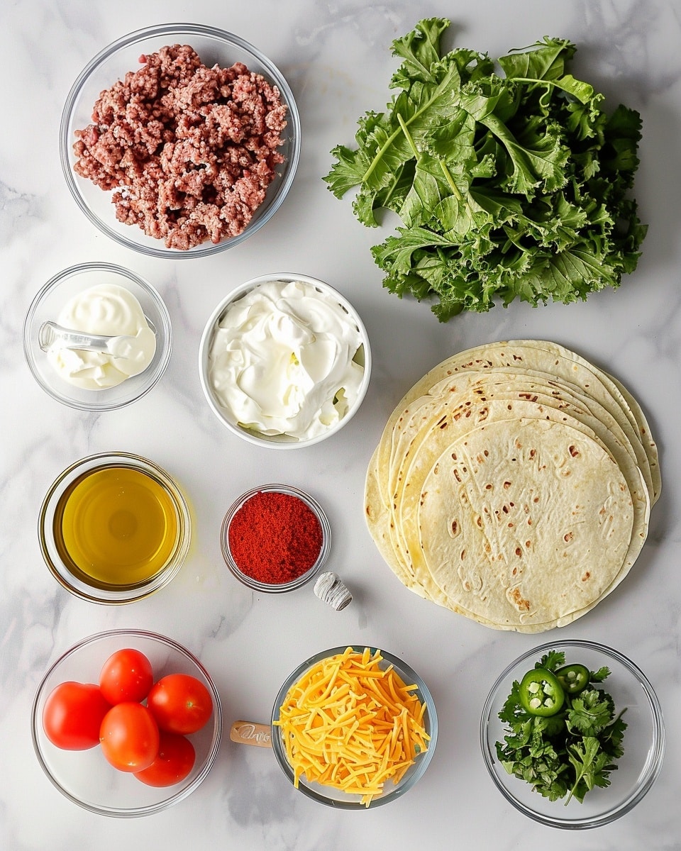 Single white plate holding one triangular portion of a crispy golden toasted quesadilla, close-up angled view revealing layers of seasoned ground beef, melted cheddar and mozzarella cheese oozing slightly, fresh shredded lettuce, diced ripe tomatoes, and a creamy white sauce inside a warm tortilla, all presented on a white marble surface with natural lighting, styled for a food blog, intimate plated serving photo taken with an iphone --ar 4:5 --v 7