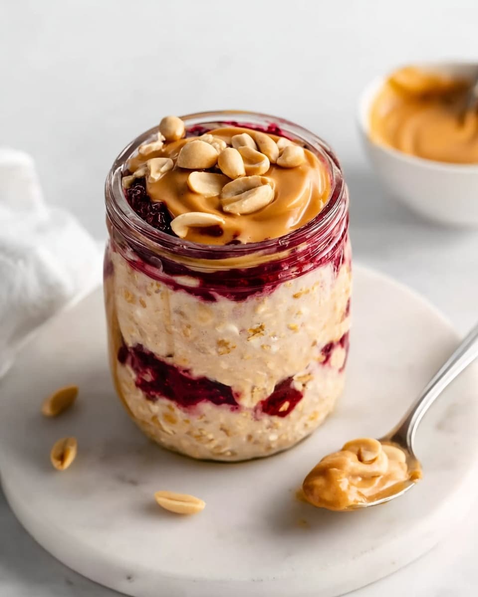 Tall white glass jar filled with a layered peanut butter overnight oats dessert, showcasing alternating thick layers of creamy peanut butter, soaked oats with chia seeds, and rich berry compote, topped generously with whole roasted peanuts, presented as a whole jar on a white marble surface under natural lighting, professional 3/4 angle food magazine style photo taken with an iphone --ar 4:5 --v 7