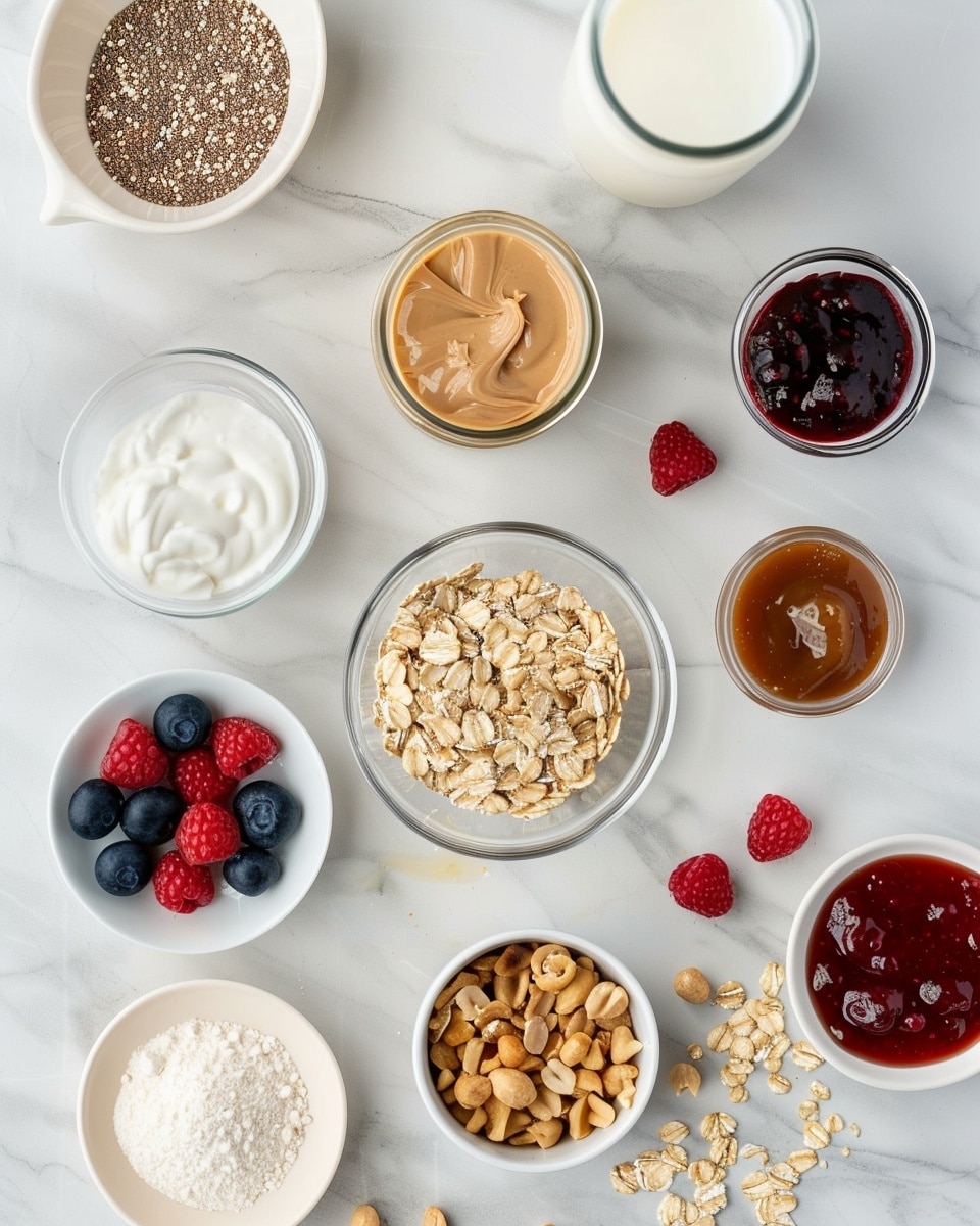 Close-up of a single glass jar serving of layered peanut butter overnight oats on a white marble surface, showcasing creamy oats mixed with visible peanut butter swirls and a vibrant layer of raspberry or berry jam, topped with whole peanuts, natural lighting highlighting the textures and layers, styled as a ready-to-eat breakfast portion on a white plate background, photo taken with an iphone --ar 4:5 --v 7