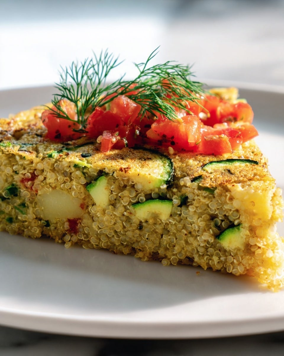 Large white oval baking dish filled with a golden baked quinoa and vegetable casserole, showing visible chunks of zucchini and other vegetables, topped with a light herb garnish and fresh tomato pieces, photographed from a professional 3/4 angle on a white marble countertop under natural lighting, hero food magazine style photo taken with an iphone --ar 4:5 --v 7
