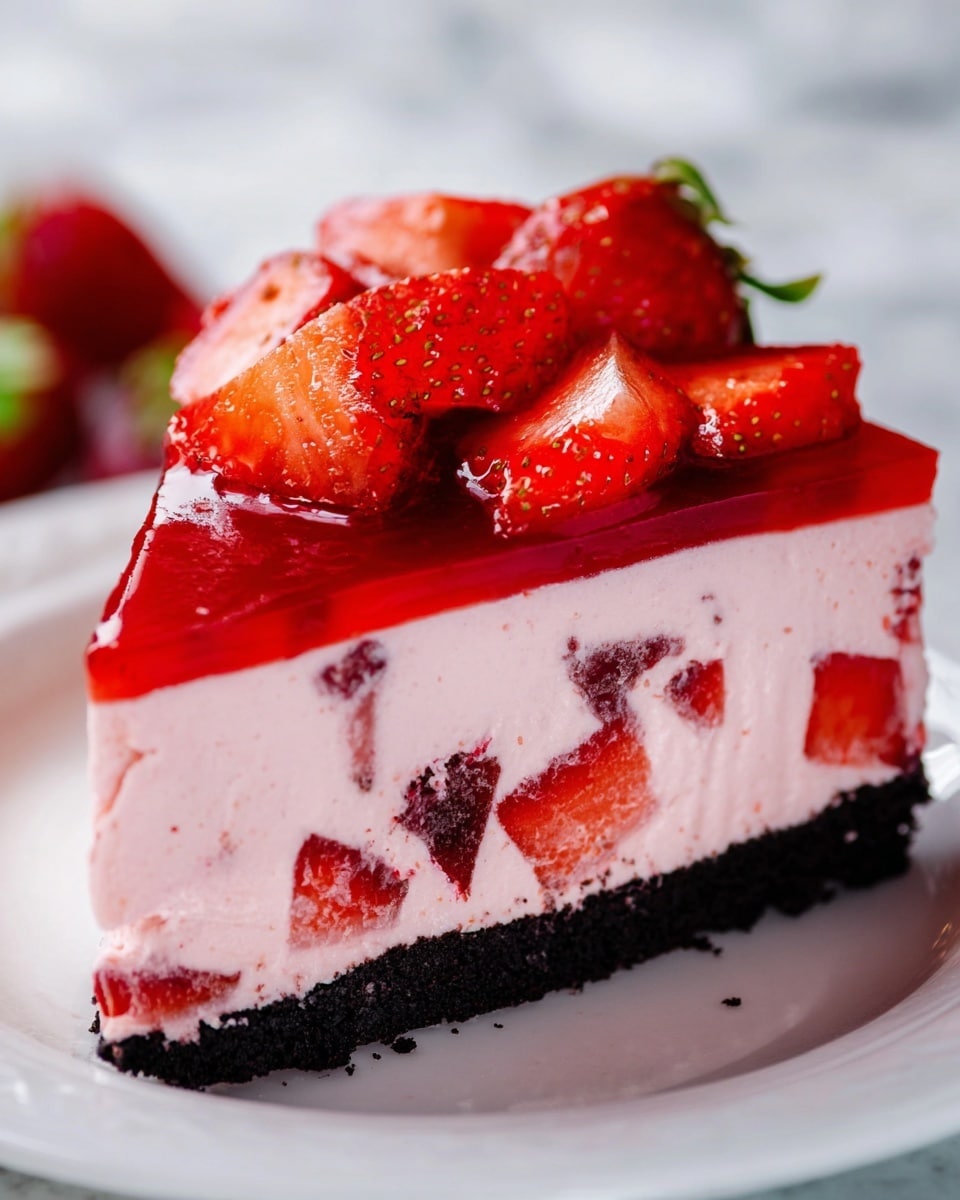 Whole round strawberry cheesecake on a white ceramic cake stand, featuring a thick smooth layer of creamy pink cheesecake atop a dark chocolate cookie crust, generously topped with a glossy strawberry glaze and an abundance of fresh halved strawberries with green leaves intact, beautifully arranged to showcase vibrant reds and textures, all presented on a white marble surface under natural lighting, professional food magazine style hero shot taken with an iphone --ar 4:5 --v 7