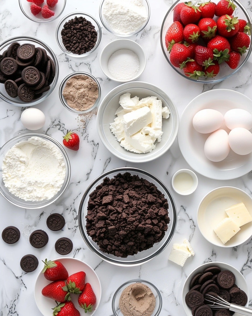 Single white plate with a single slice of strawberry mousse cake showcasing distinct layers, including a dark chocolate cookie crumb crust, a thick pale pink mousse embedded with fresh strawberry chunks, and a glossy red strawberry glaze on top, adorned with halved fresh strawberries for garnish, angled close-up revealing creamy texture and vibrant fruit details, set against a white marble background with natural lighting, styled as a plated serving from a food blog, photo taken with an iphone --ar 4:5 --v 7