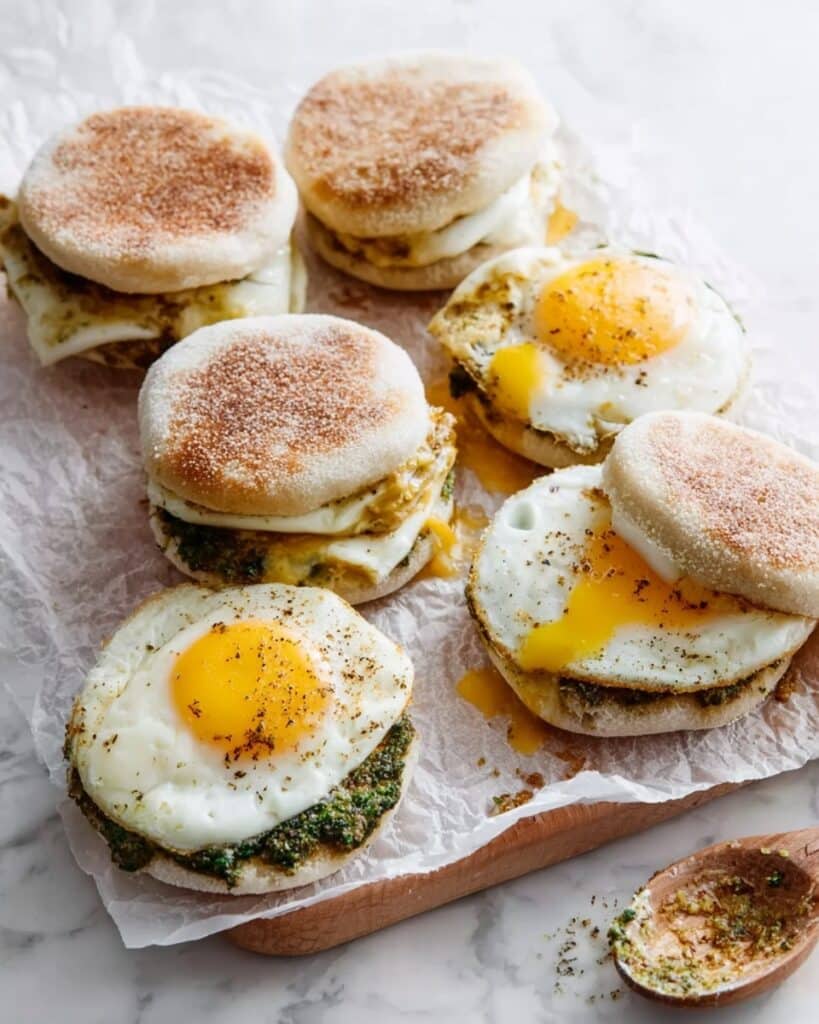 Pesto Egg Sandwich with Provolone and Chili Onion Crunch Recipe
