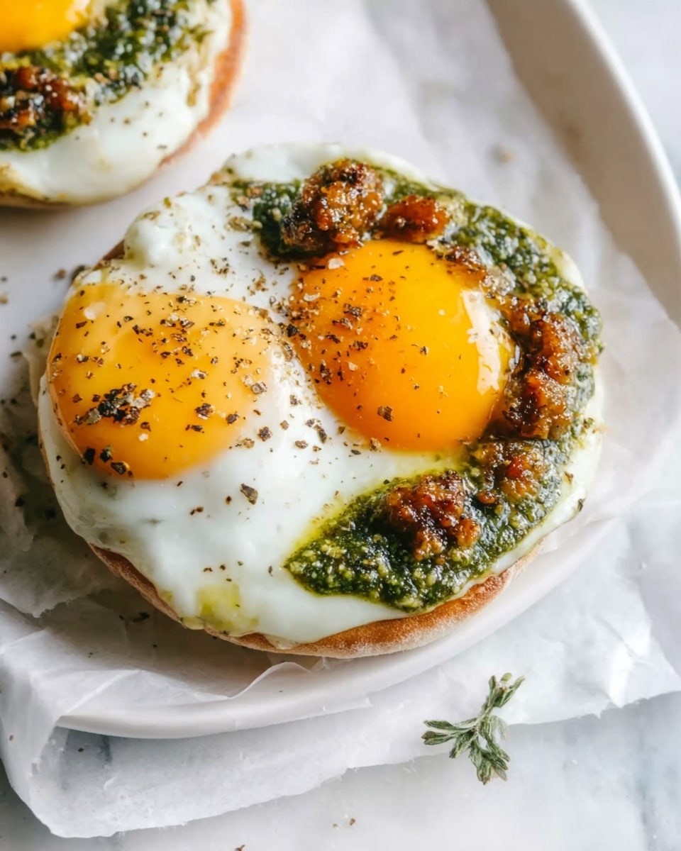 A white rectangular platter showcasing a full batch of freshly made breakfast English muffins sandwiches, each filled with perfectly cooked fried eggs, melting white cheese, and layers of savory pesto, all nestled in soft, toasted English muffins with a light dusting of cornmeal, arranged neatly together on crinkled parchment paper, photographed at a professional 3/4 angle on a white marble background with natural lighting, styled like a hero shot from a food magazine, photo taken with an iphone --ar 4:5 --v 7