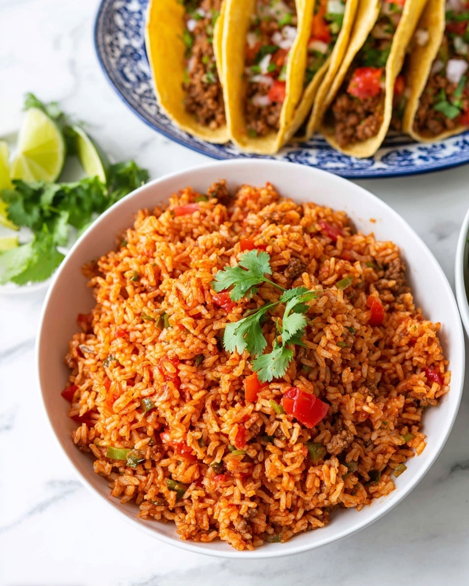 Large white bowl filled with vibrant Mexican rice cooked with diced tomatoes, onions, and peppers, garnished with fresh cilantro leaves, presented alongside a white plate holding multiple crisp corn tacos stuffed with seasoned ground beef, diced onions, tomatoes, and cilantro, all placed on a white marble countertop with bright natural lighting, professional food styling, showing the entire dish in frame as a full serving perfect for sharing, photo taken with an iphone --ar 4:5 --v 7