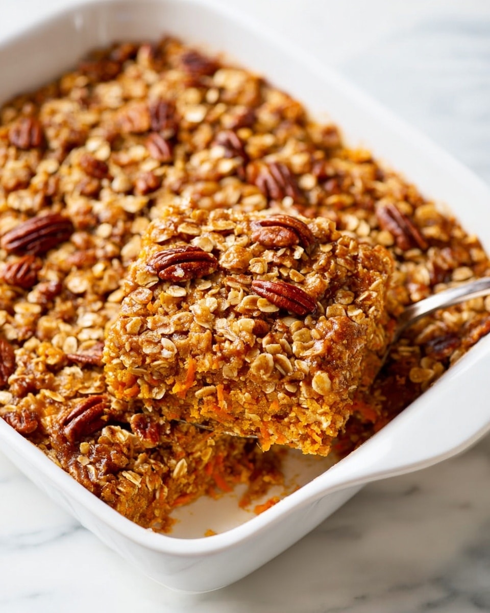 Large white rectangular baking dish filled with a freshly baked carrot and oat crumble, topped with whole pecans and golden toasted oat crumble, showing a rich, textured surface with visible bits of carrot and nuts peeking through, photographed from a 3/4 angle on a white marble countertop with natural lighting, styled like a hero shot from a food magazine, photo taken with an iphone --ar 4:5 --v 7