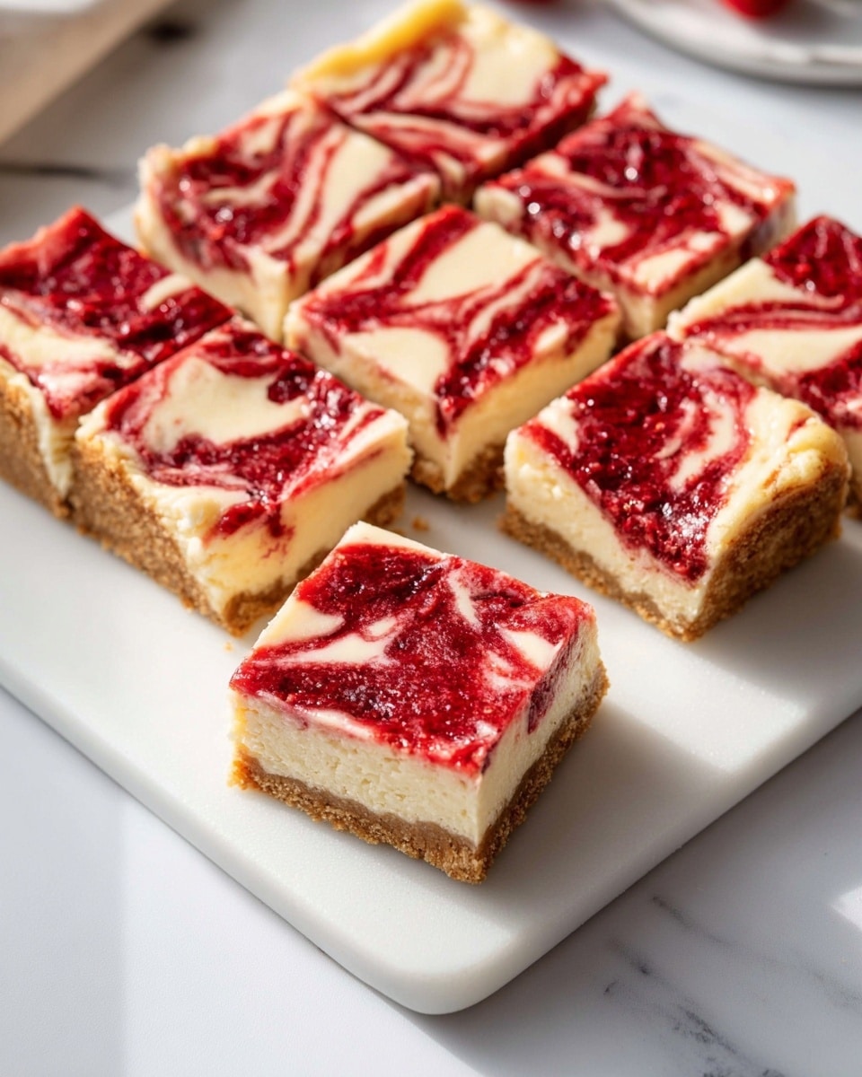 Whole uncut large rectangular cheesecake with smooth cream cheese layer swirled generously with vibrant red strawberry sauce on top, resting on a crumbly golden graham cracker crust, presented in a white baking pan lined with parchment paper, photographed from a professional 3/4 angle with natural light on a white marble background, like a hero shot in a food magazine, photo taken with an iphone --ar 4:5 --v 7