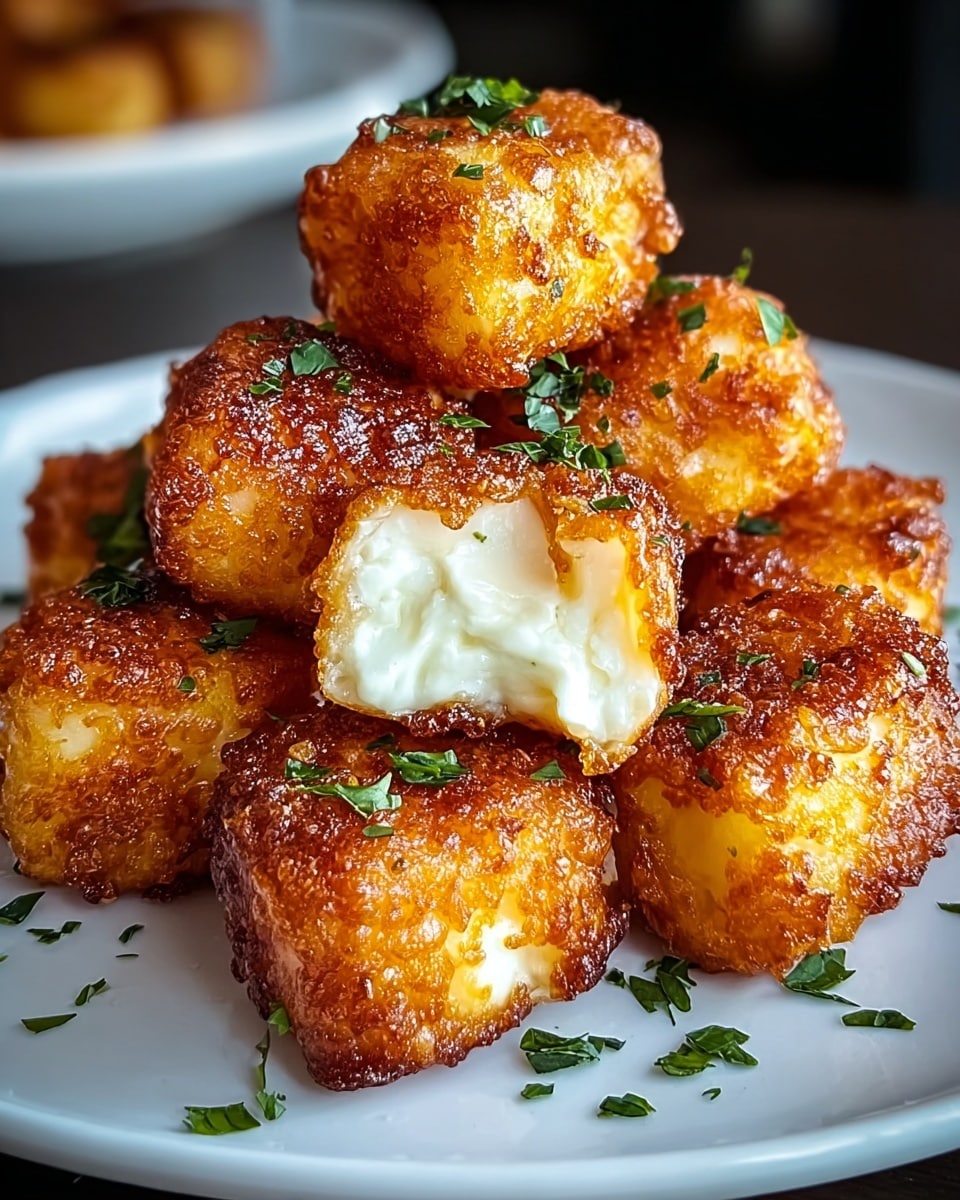 A large white serving bowl filled with a generous heap of golden, crispy fried cheese curds, each piece perfectly round and evenly browned with a crunchy exterior and soft, gooey cheese center visible in some, garnished lightly with finely chopped fresh parsley, presented on a white marble countertop with natural lighting highlighting the texture and color of the dish, professional food styling, shot from a 3/4 angle showcasing the entire bowl, photo taken with an iphone --ar 4:5 --v 7