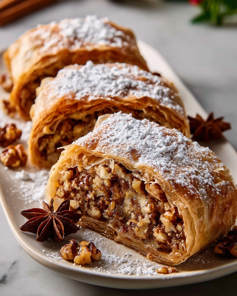 Long white rectangular plate showcasing three whole, uncut, golden-brown nut-filled strudels dusted generously with powdered sugar, each displaying flaky, crisp layers of pastry wrapping a rich filling of chopped walnuts and spices, garnished with whole star anise pods placed artfully around the plate, photographed at a 3/4 angle on a white marble countertop, natural lighting enhancing the textures and warm tones, professional food magazine hero shot, photo taken with an iphone --ar 4:5 --v 7