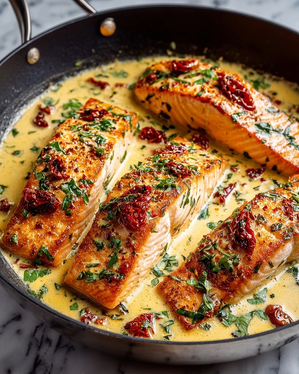 Large black skillet filled with four perfectly cooked salmon fillets simmering in a rich, creamy sauce infused with fresh chopped herbs and scattered sun-dried tomatoes, whole dish captured from a 3/4 angle on a white marble countertop, natural lighting highlighting the vibrant colors and textures, professional food styling photo taken with an iphone --ar 4:5 --v 7
