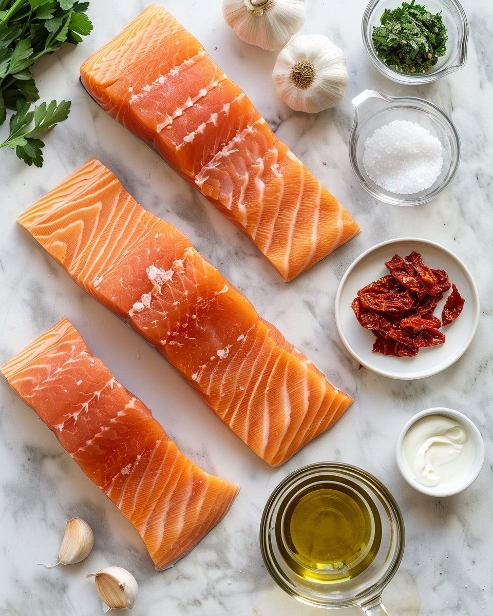 Single white plate featuring one perfectly seared salmon fillet portion, showcasing the moist, flaky interior texture with visible layers of tender fish, topped with vibrant sun-dried tomato pieces and fresh chopped herbs, sitting in a pool of creamy herb-infused sauce, angled close-up shot emphasizing the richness of the sauce and the delicate seasoning, set on a white marble surface with natural lighting, styled like an elegant food blog presentation, photo taken with an iphone --ar 4:5 --v 7