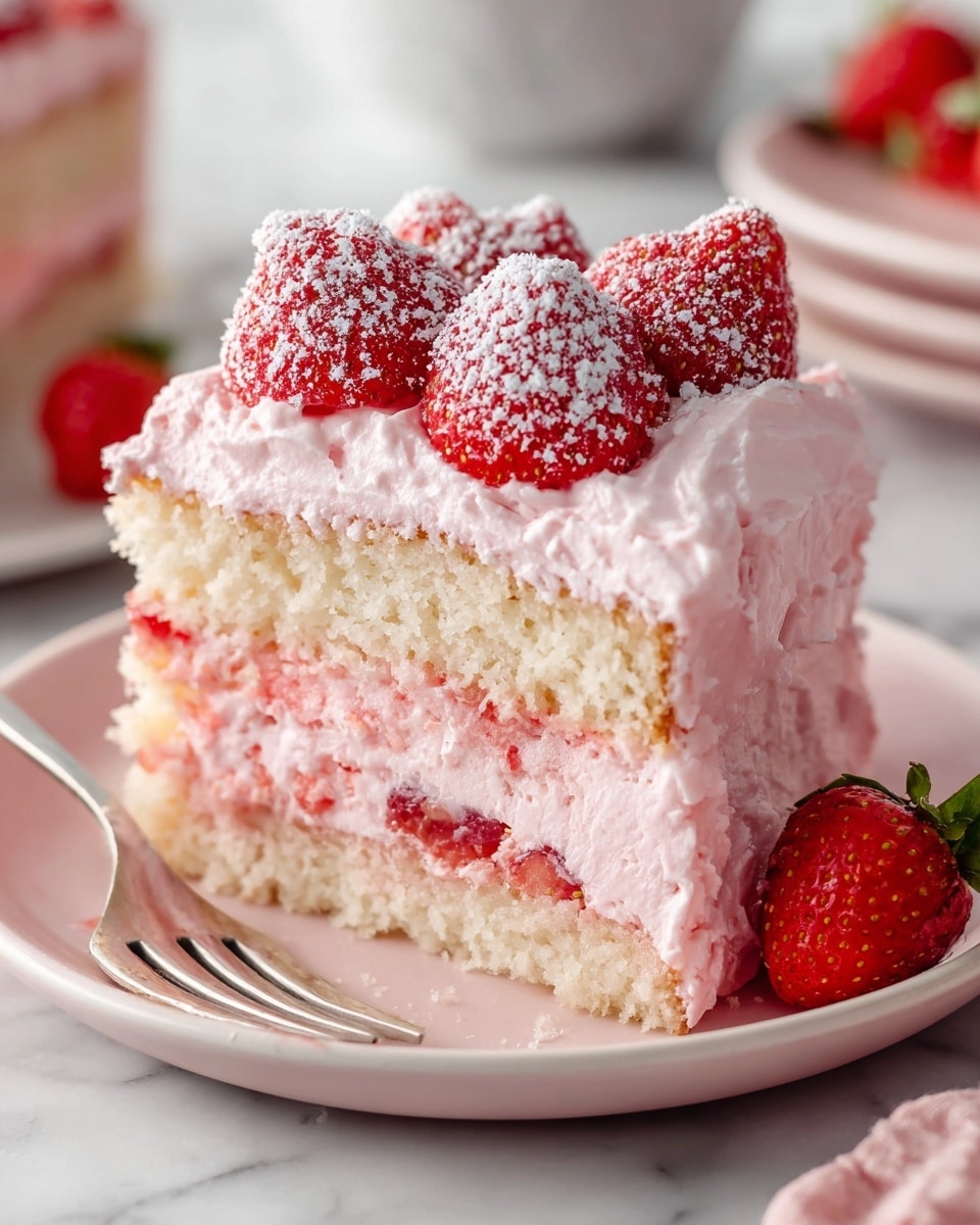 Large clear rectangular glass baking dish filled with a whole strawberry dessert, featuring layers of soft ladyfinger biscuits and creamy pink strawberry mousse topped with perfectly round dollops of pink whipped topping dusted with powdered sugar, presented on a white cloth over white marble countertop, natural lighting highlighting the delicate textures, professional food magazine hero shot. photo taken with an iphone --ar 4:5 --v 7