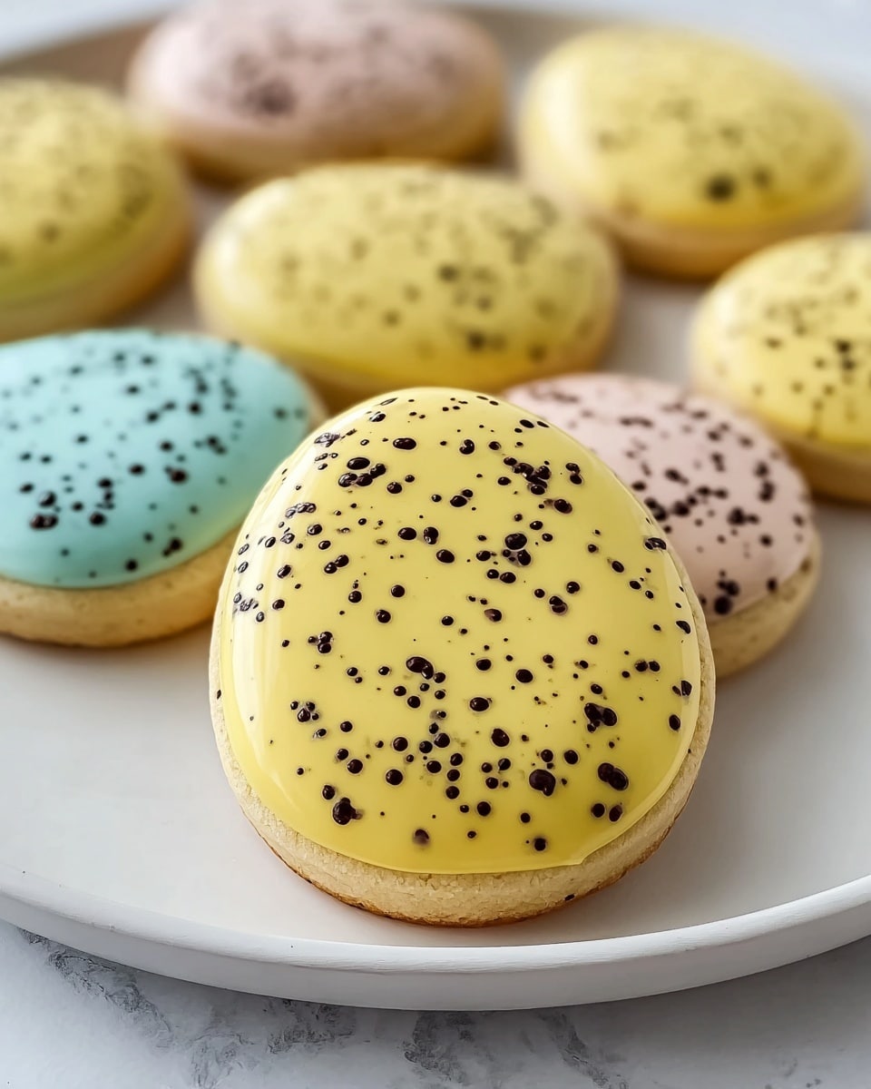 Large white serving platter arranged with a complete set of colorful egg-shaped sugar cookies, each decorated with smooth pastel icing in shades of pink, yellow, blue, and mint green, all speckled with realistic dark chocolate splatters, showcasing the entire collection of delicately crafted cookies evenly spaced and inviting, shot from a 3/4 angle on a white marble countertop, with natural lighting highlighting the vibrant yet soft tones, styled as a professional food magazine hero shot, photo taken with an iphone --ar 4:5 --v 7