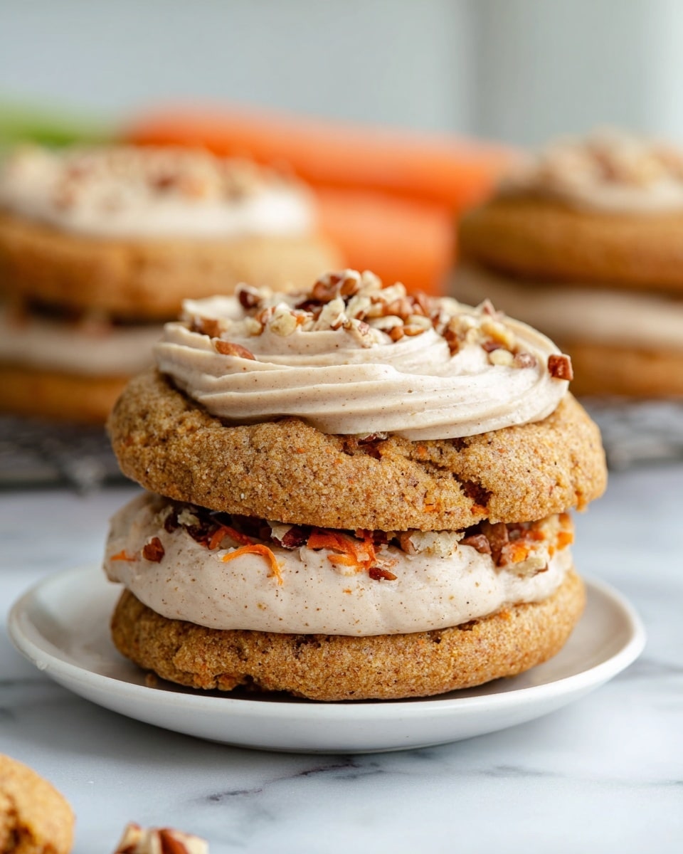 A white platter showcasing a full batch of freshly baked carrot cookies arranged neatly, each cookie generously topped with smooth, swirled cream cheese frosting and sprinkled with chopped pecans, the cookies have visible carrot bits adding texture and color, photographed from above on a white marble surface with natural lighting, styled like a professional food magazine hero shot, photo taken with an iphone --ar 4:5 --v 7