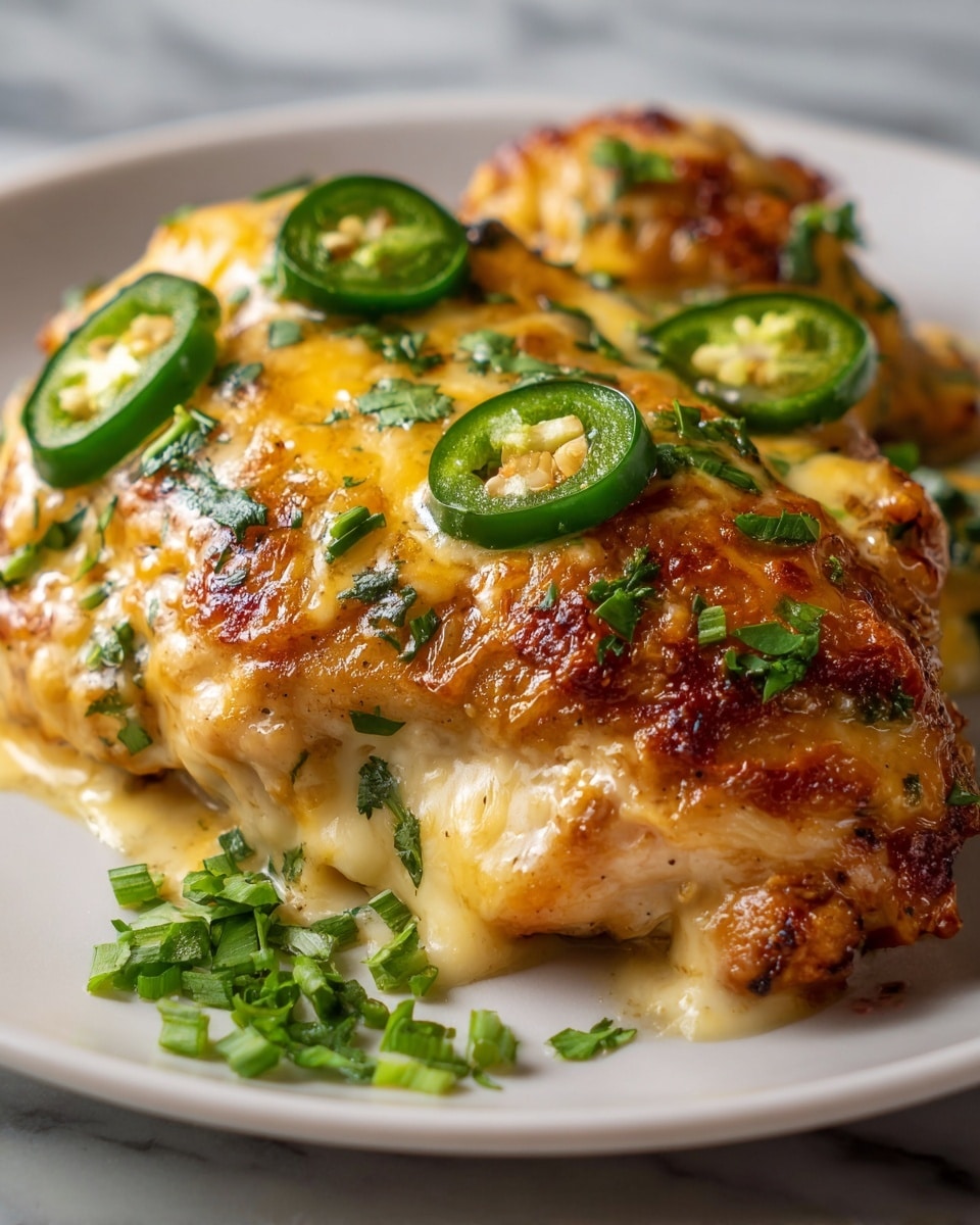 Large white rectangular baking dish brimming with a golden, cheesy chicken and sausage skillet featuring whole tender chicken pieces topped with melted golden cheese, scattered fresh green jalapeño peppers and slices, bits of browned sausage, and garnished with finely chopped fresh herbs, all presented in natural lighting against a white marble background, professional 3/4 angle food magazine hero shot, photo taken with an iphone --ar 4:5 --v 7