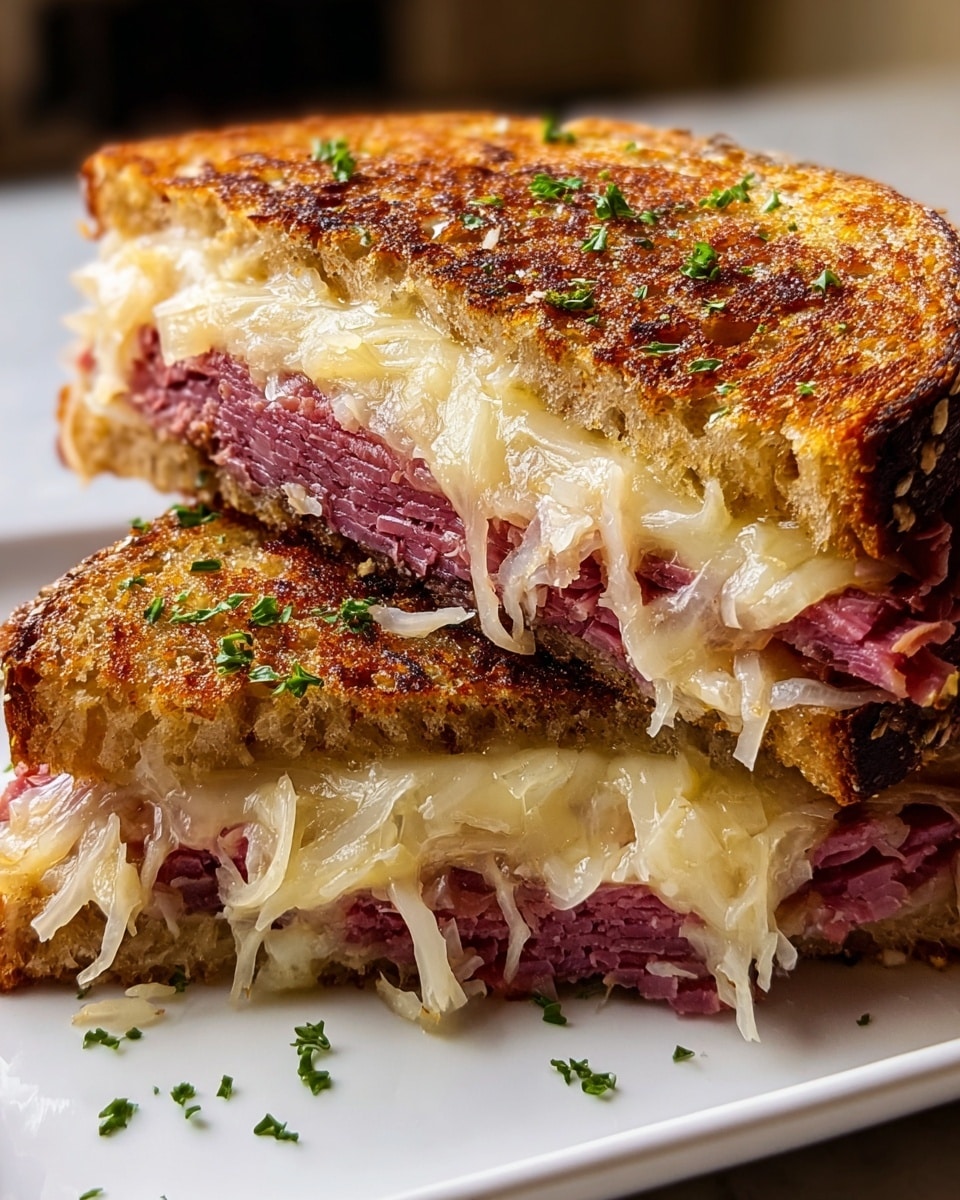 Large white plate showcasing a whole Reuben sandwich, perfectly grilled to golden brown with crisp rye bread, packed generously with layers of tender corned beef, melted Swiss cheese, and a hearty serving of sauerkraut, garnished lightly with fresh herbs. The entire sandwich is intact, with all layers visible and no portions separated, photographed from a 3/4 angle on a white marble countertop under natural lighting, styled professionally as a hero shot for a food magazine. Photo taken with an iphone --ar 4:5 --v 7
