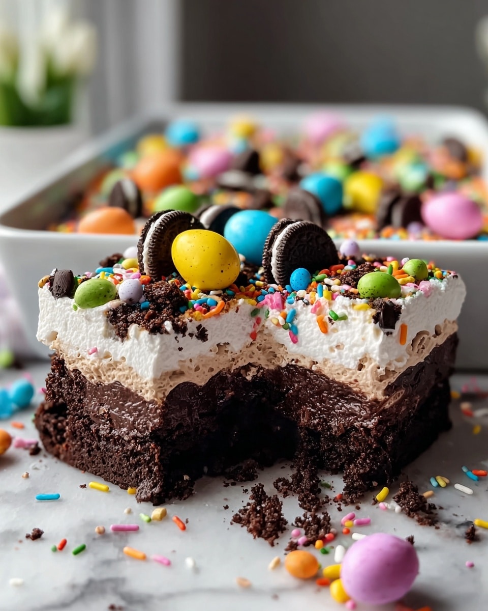 Large white rectangular ceramic baking dish filled with a creamy white dessert topped with whole Oreo cookies, pastel-colored candy-coated eggs, and an assortment of vibrant multicolored sprinkles scattered across the surface, creating a festive and playful appearance, whole dish photographed from above on a white marble countertop with natural lighting, professional food styling photo taken with an iphone --ar 4:5 --v 7