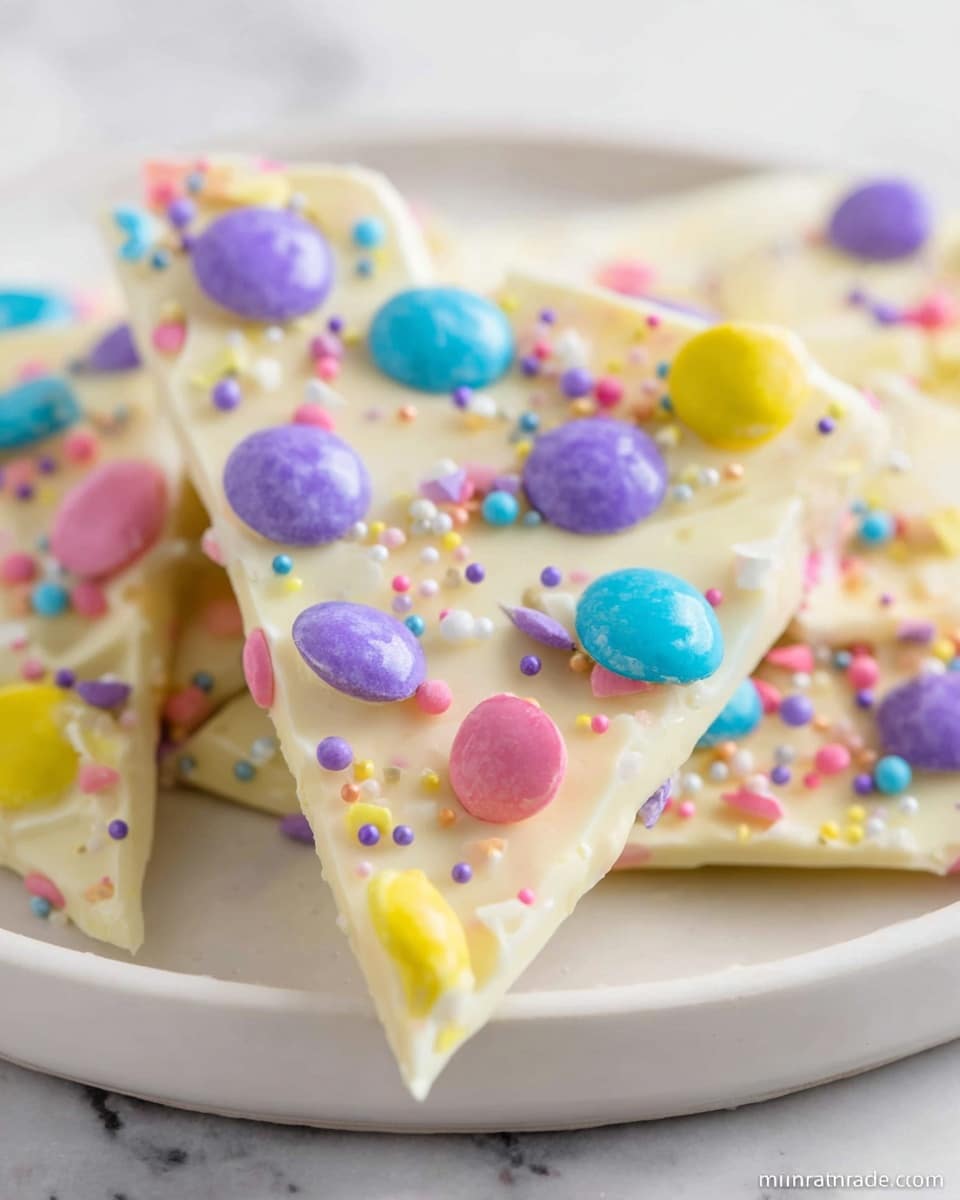 Large white serving bowl filled with a generous pile of festive white chocolate bark, generously sprinkled with colorful candy-coated chocolates in pastel shades of pink, blue, green, yellow, and purple, topped with tiny multicolored sugar beads, surrounded by additional pieces of the same bark casually scattered on a white marble countertop, natural lighting highlighting the glossy texture of the chocolate and vibrant colors of the candies, professional 3/4 angle food magazine style photo taken with an iphone --ar 4:5 --v 7