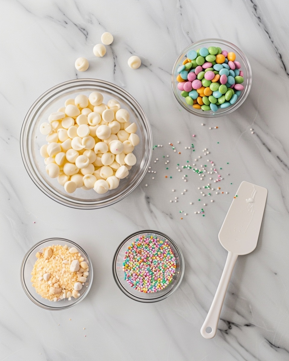 Single white plate featuring one crisp, triangular shard of white chocolate bark adorned with vibrant pastel candy-coated chocolates in blue, pink, yellow, and purple, sprinkled generously with tiny multicolored round sugar pearls, close-up angled shot highlighting the smooth, creamy texture of the white chocolate and the playful contrast of the colorful toppings, placed on a white marble surface with natural lighting, styled as a ready-to-eat individual serving from a food blog, photo taken with an iphone --ar 4:5 --v 7
