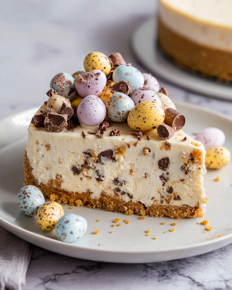Whole uncut Easter-themed cheesecake displayed on a large white serving plate, topped generously with a mound of colorful pastel mini chocolate eggs, some halved to reveal the milk chocolate inside, creamy textured cheesecake filled with small chocolate pieces and resting on a smooth, golden graham cracker crust, all showcased under natural lighting on a pristine white marble background, professional food magazine hero shot taken with an iphone --ar 4:5 --v 7