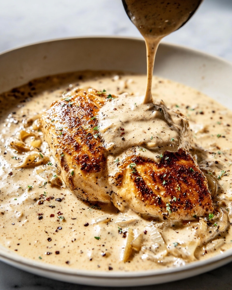 Large black frying pan with a golden handle filled with six seasoned, golden-brown seared chicken pieces simmering in a creamy, rich sauce with tender onion slices, whole dish presented on a white marble surface with natural lighting, professional overhead food magazine style photo taken with an iphone --ar 4:5 --v 7