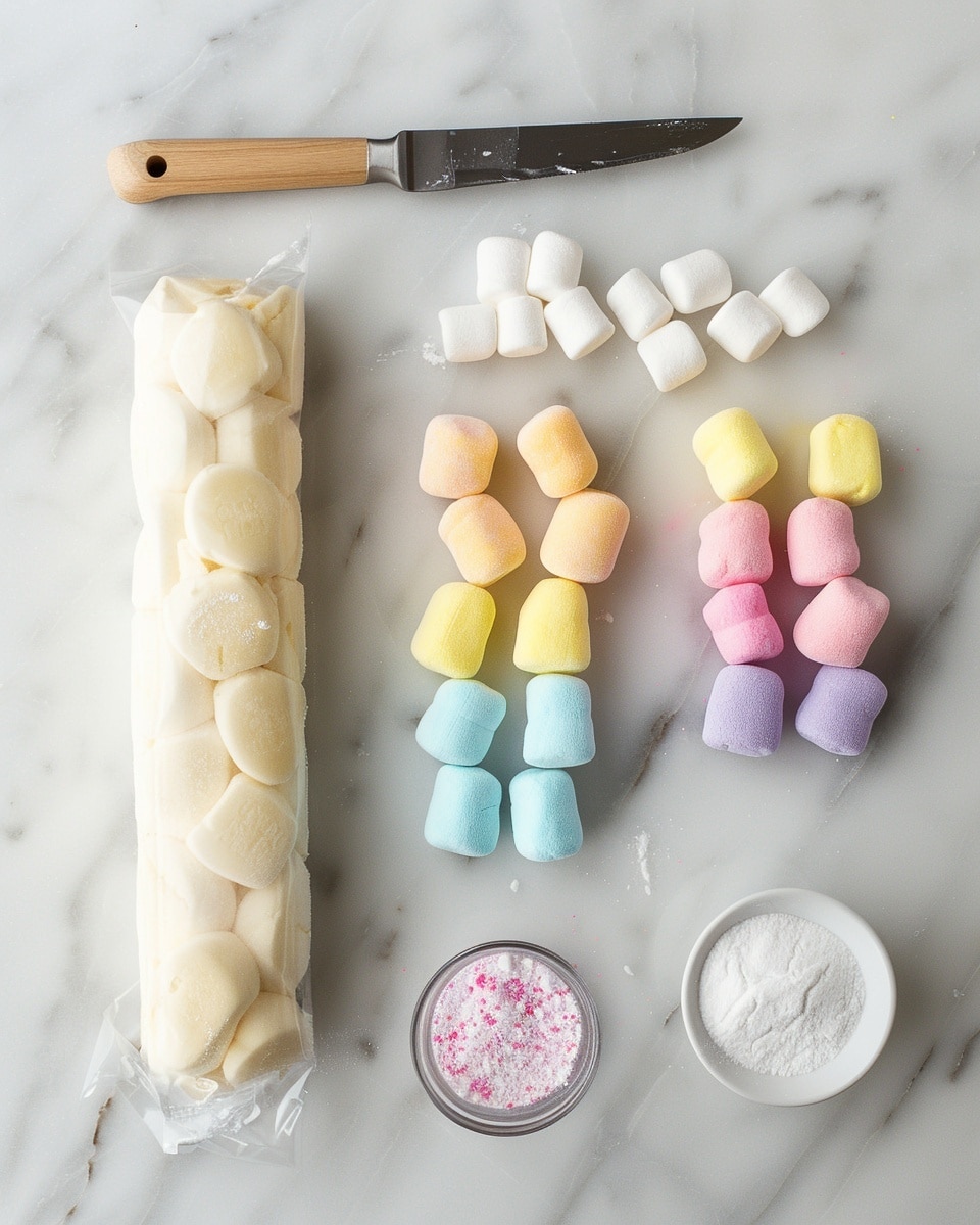 Single white plate holding one square slice of soft, chewy marshmallow-infused treat with embedded pastel pink, blue, purple, and yellow marshmallow pieces, close-up angled view revealing the moist crumbly texture and colorful interior marshmallow swirls, natural light accentuating the creamy and vibrant pastel colors, white marble surface underneath, styled food blog portion photo taken with an iphone --ar 4:5 --v 7