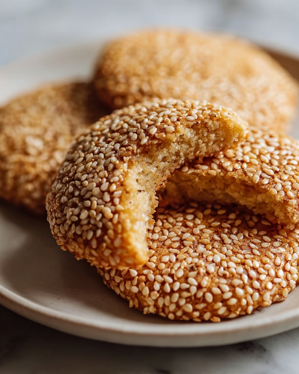A large white plate filled with a neatly arranged stack of multiple round sesame seed cookies, golden-brown in color with an even coating of white sesame seeds on top, showing the rich texture and crisp surface of each cookie, displayed in a pristine, complete presentation on a white marble countertop with natural lighting, styled as a professional food magazine hero shot, photo taken with an iphone --ar 4:5 --v 7