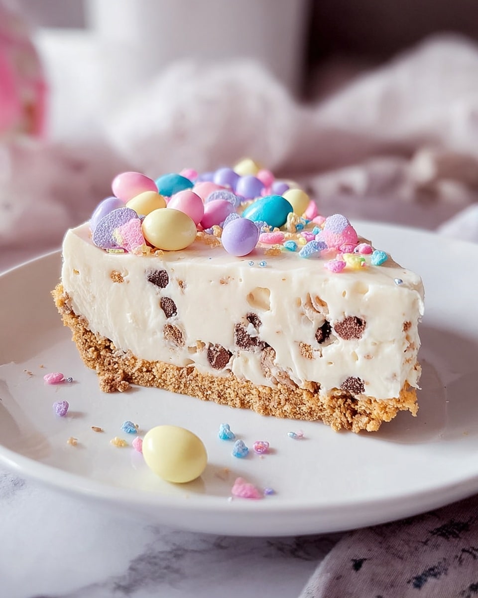 Round whole cheesecake on a white marble serving platter with a smooth creamy white top sprinkled with tiny chocolate bits, decorated around the edge with a colorful assortment of pastel candy-coated chocolate eggs and matching sprinkles in pink, yellow, blue, green, purple, and white, the crust visible as a firm graham cracker base, photographed from a slight 3/4 angle on a white marble surface with natural lighting, styled like a professional food magazine hero shot, photo taken with an iphone --ar 4:5 --v 7