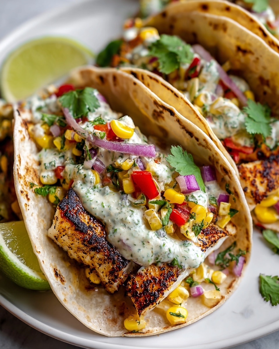 Large white rectangular serving platter holding a row of three whole soft corn tortillas stuffed with seasoned grilled fish chunks, shredded purple cabbage, diced avocado, fresh tomato pieces, sprinkled with crumbled white cheese, and drizzled with creamy sauce, accompanied by several lime wedges and garnished with fresh cilantro leaves, all resting on a white marble tabletop with natural lighting, professional food magazine hero shot photo taken with an iphone --ar 4:5 --v 7