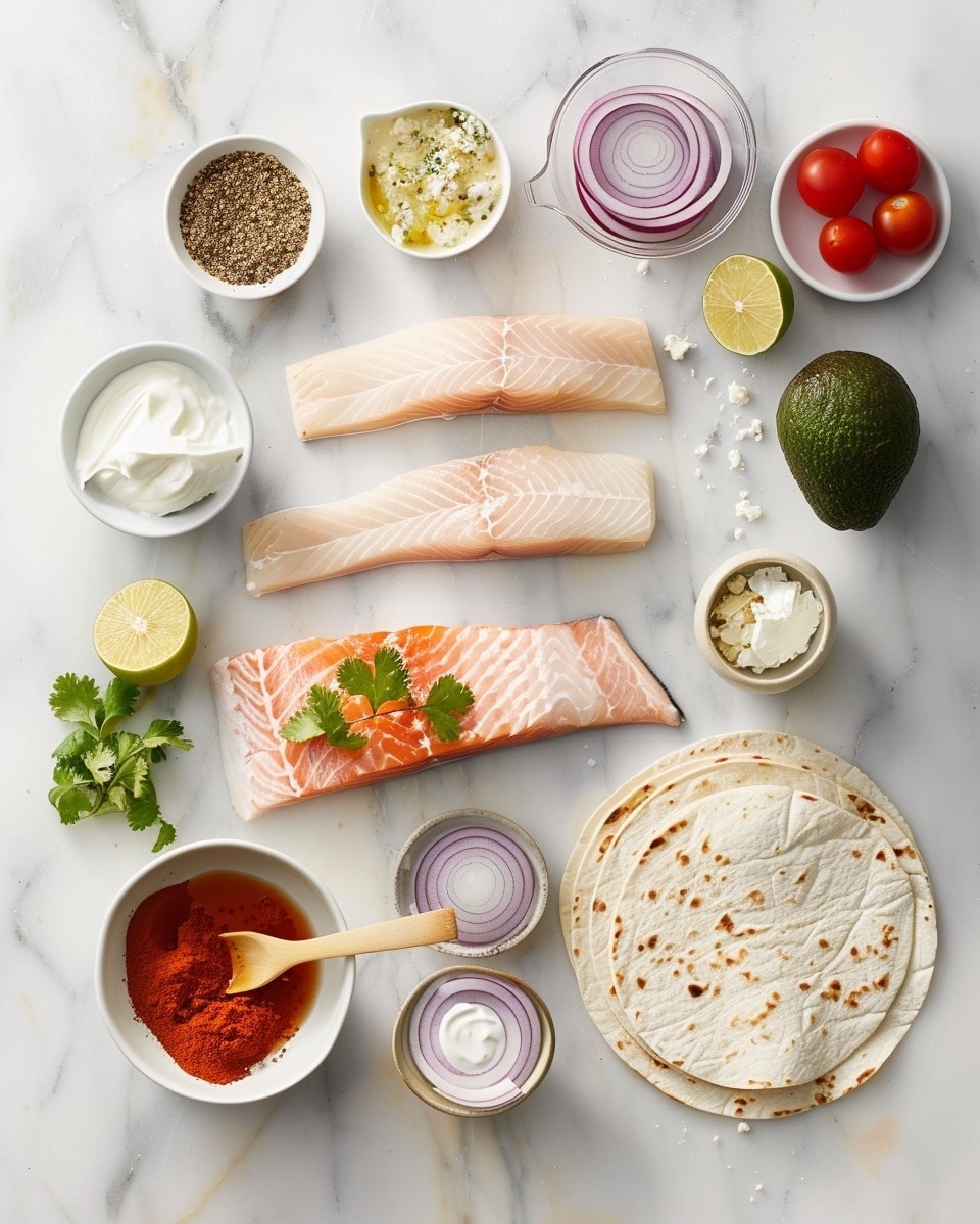 Single white plate showcasing one grilled fish taco with charred fish filet topped with creamy herb sauce, vibrant diced red onions, fresh cilantro leaves, yellow corn kernels, and red bell pepper pieces inside a soft, lightly toasted tortilla, garnished with a lime wedge on the side, close-up angled shot revealing the layers and textures of the filling, placed on a white marble surface with natural lighting, styled like a food blog intimate serving photo taken with an iphone --ar 4:5 --v 7