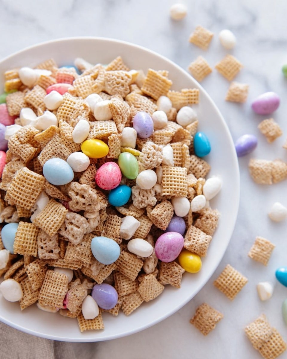 Large white decorative platter piled high with a generous amount of cereal mix featuring puffed rice, square wheat pieces, and miniature pastel candy-coated chocolates and eggs scattered throughout, creating a colorful and textured appearance, whole dish captured from a professional 3/4 angle on a white marble surface with natural lighting, styled like a vibrant food magazine hero shot, photo taken with an iphone --ar 4:5 --v 7
